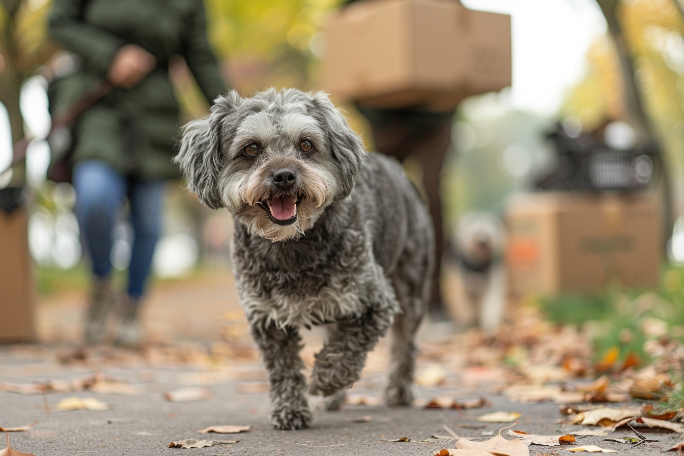 Vieux chien heureux explorant un nouveau parc à Colombes lors d'un déménagement serein
